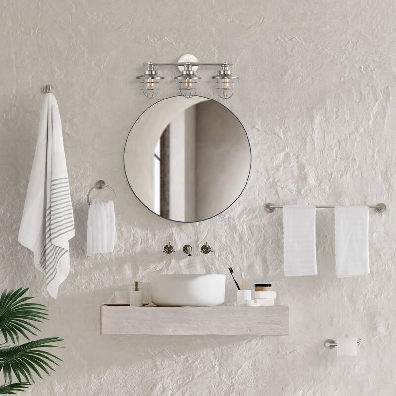 Hollis 24" 3-Light Industrial Farmhouse Vanity Light with Bathroom Hardware Accessory Set, (5-Piece) by JONATHAN Y