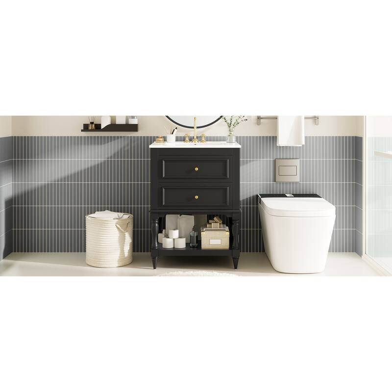 24" Bathroom Vanity with Ceramic Sink, Bathroom Storage Cabinet with Open Shelf, Retro Design Bathroom Cabinet with 2 Drawers