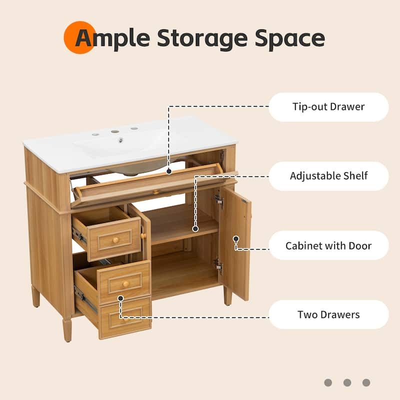 36" Bathroom Vanity with Ceramic Sink, Flip-Out Drawer, 3 Drawers, Soft Close Doors, Solid Wood & MDF Cabinet