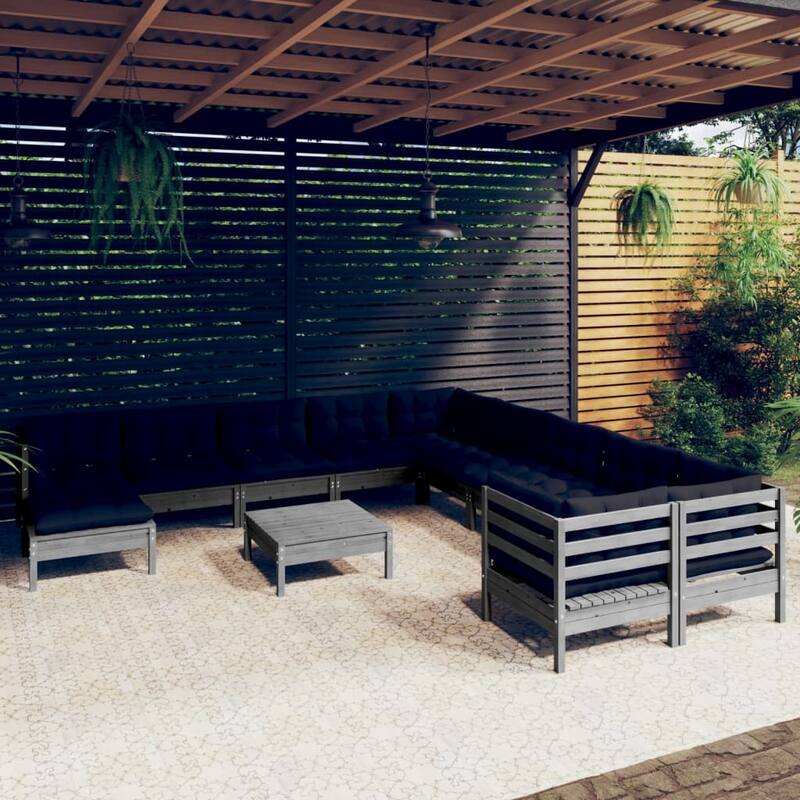 vidaXL Solid Pinewood Patio Lounge Set 12 Piece with Cushions Multi Colors - Grey