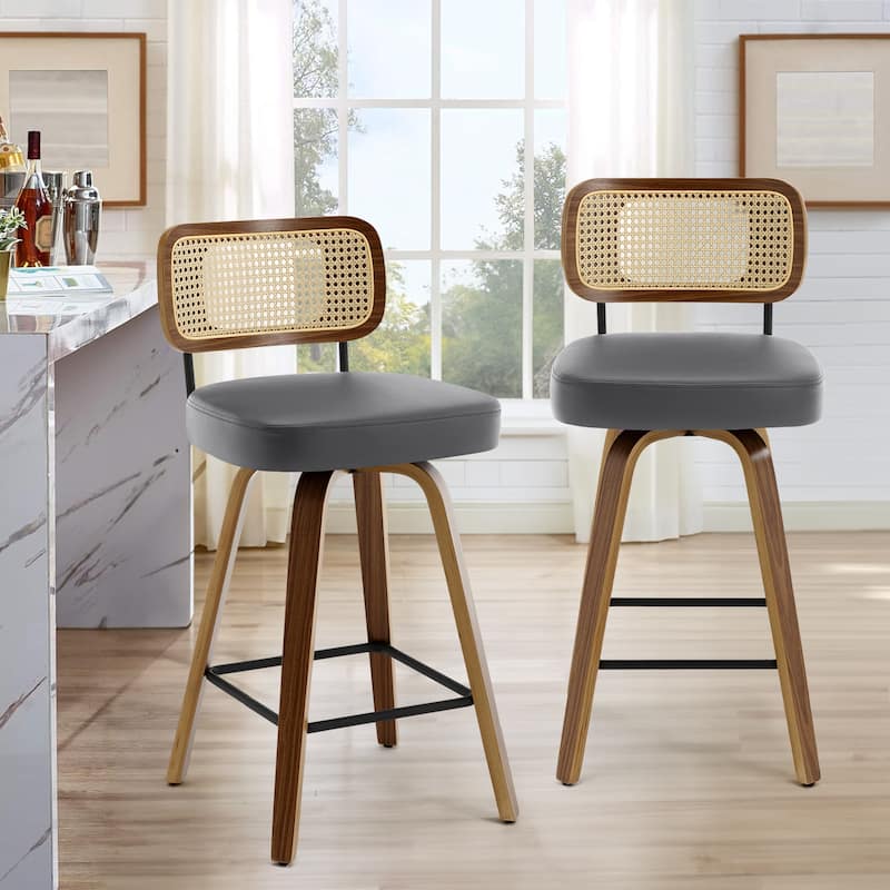 26"/29" Swivel Bar Stools/ Counter Stools with Bentwood Legs - Set of 2 - Grey-Rattan Back - Counter Height