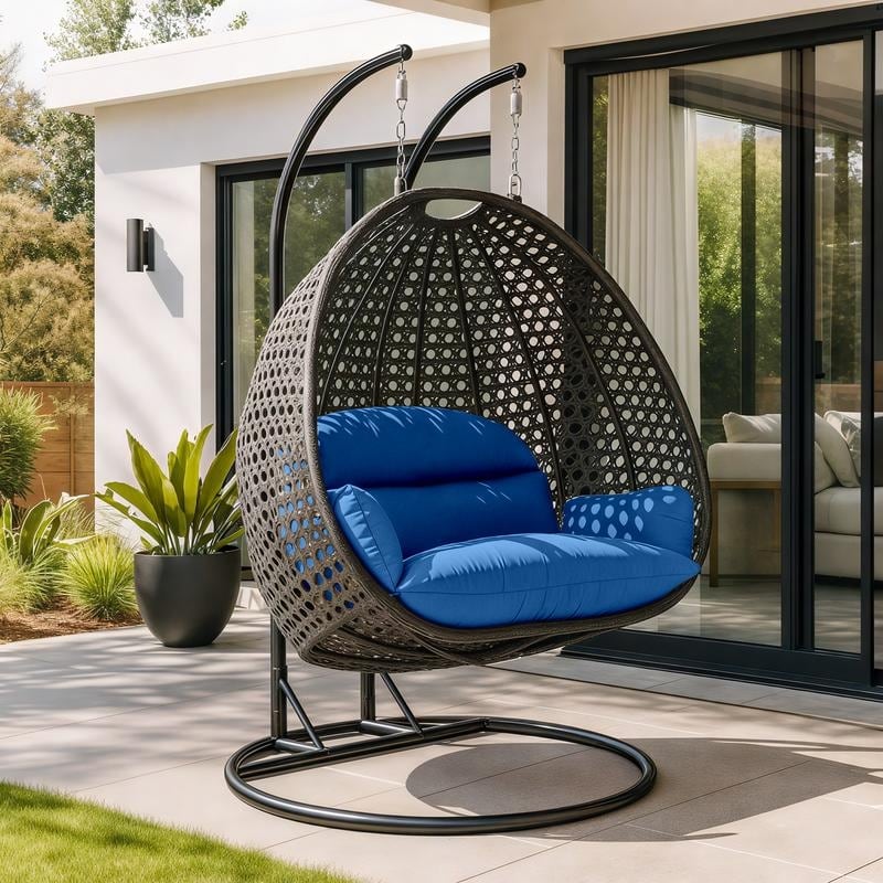 LeisureMod 2-Person Double Egg Swing Chair - Charcoal Wicker with Metal Stand & Plush Cushions - Modern Outdoor Patio Lounger