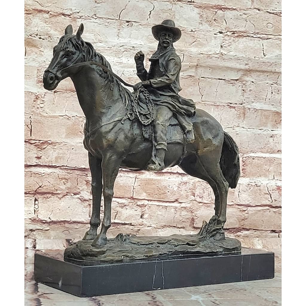Bronze Remington Tribute Cowboy W/ Rifle Riding Horse Sculpture Statue Marble 12 Inches X 12 Inches