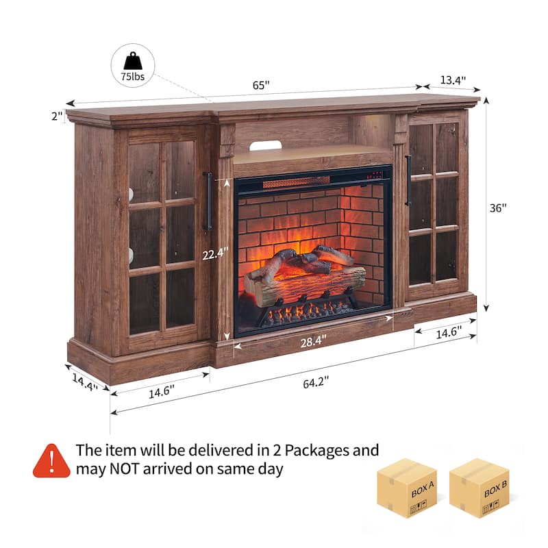 65" Fireplace TV Stand for TVs up to 75",with 28" Electric Fireplace and LED Light