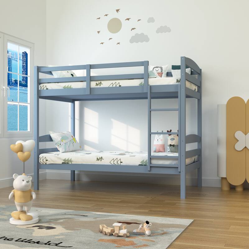 Grey Wood Twin Over Twin Bunk Bed with Staircase