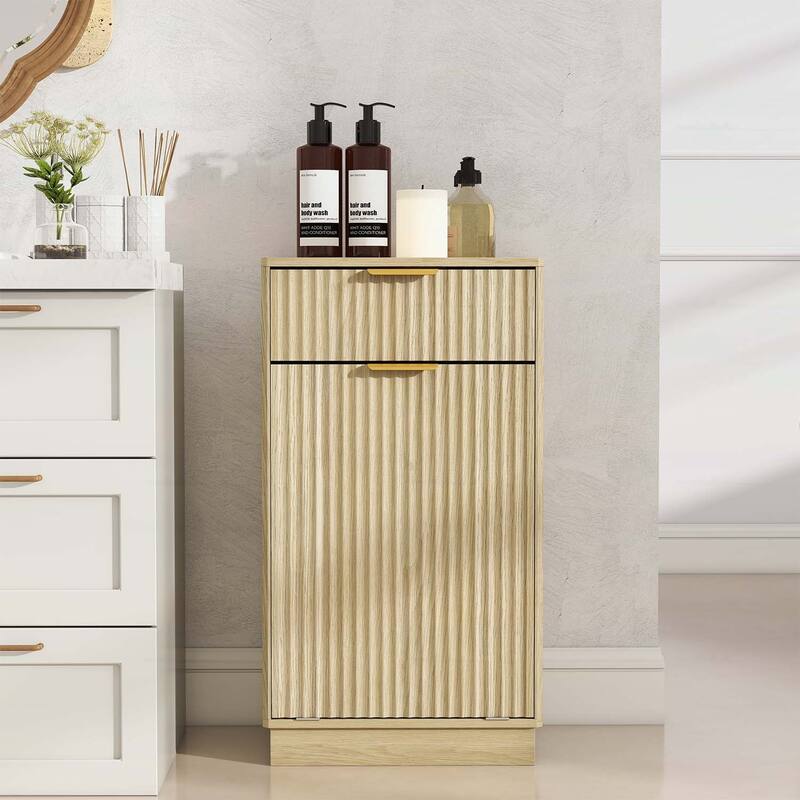 Wood Tilt-Out Trash Can Cabinet with Wave-Textured Hideaway Drawer and Pull-Out Bin,