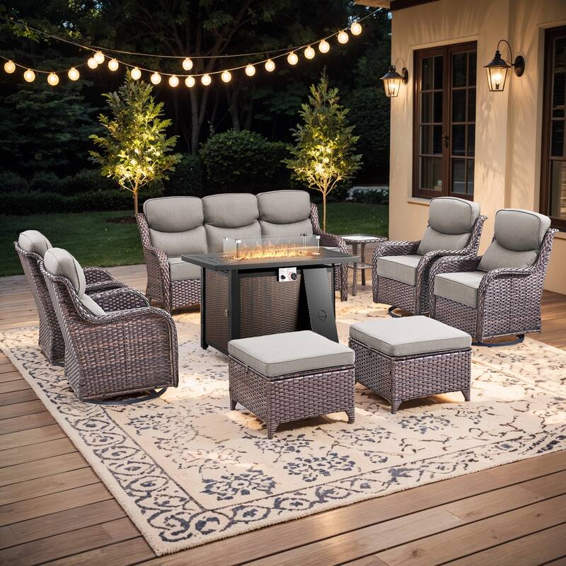 Pocassy Patio Furniture Set with 43 inch Fire Pit Table - Gray Cushion Brown Wicker - 9-Piece Sofa Siwvel Chair Ottoman w/ Fire Table