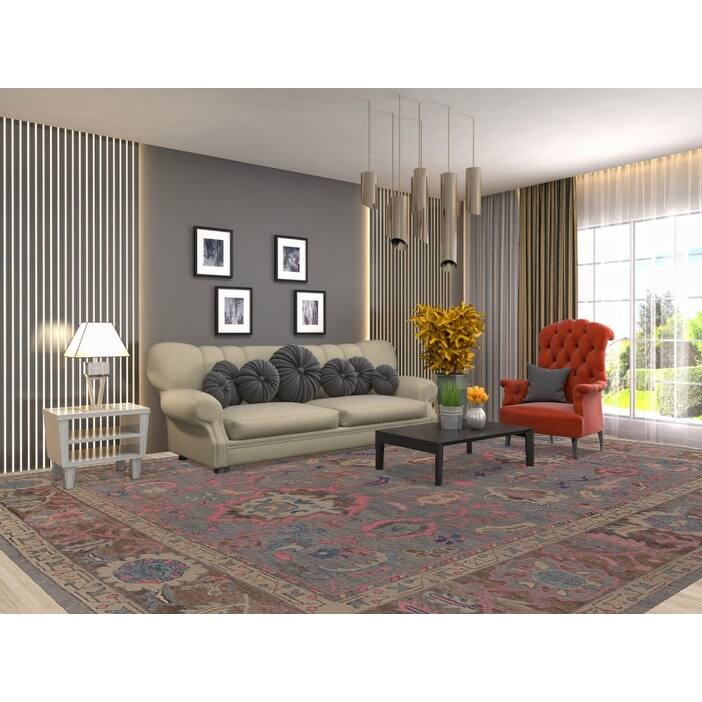 Hand Knotted Oriental 100% Wool Carpet Transitional All-Over Navy Blue & Blues Oushak Area Rug - 14' 0'' X 10' 4''