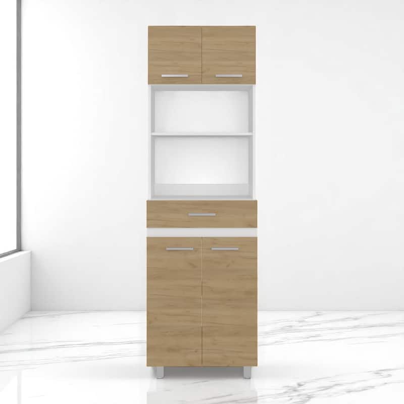 Freestanding Kitchen Storage Cabinet with Doors, Vertical Pantry Organizer in White and Natural Oak Finish - White Natural
