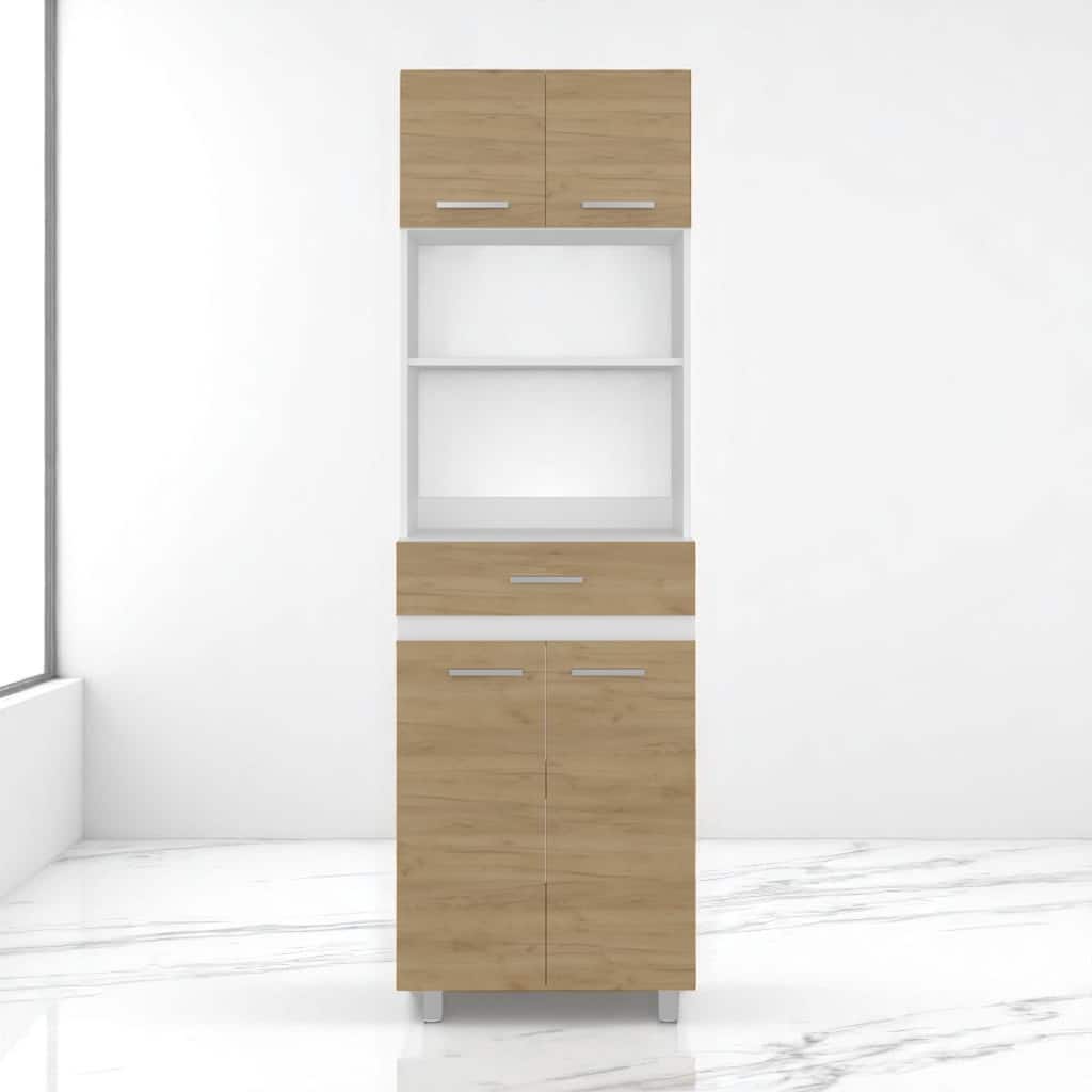 Freestanding Kitchen Storage Cabinet with Doors, Vertical Pantry Organizer in White and Natural Oak Finish