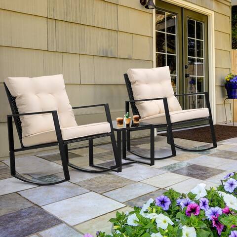 3 Pieces Rocking Wicker Bistro Set,Outdoor Patio Chairs w/ Coffee Table