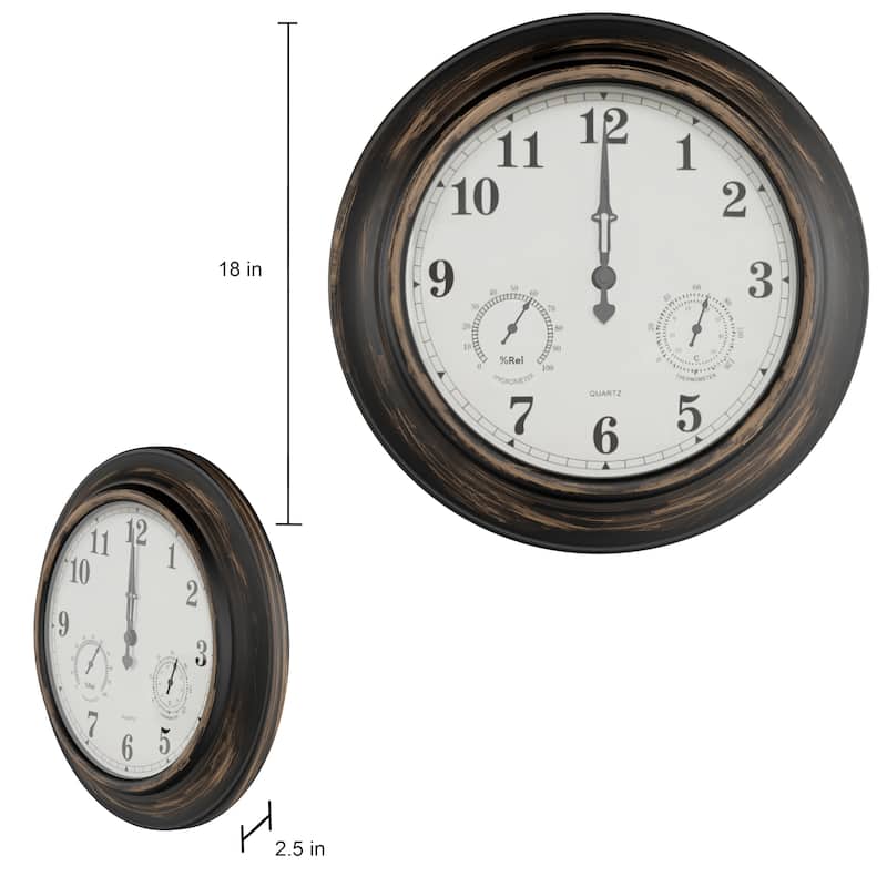 Indoor Outdoor Clock Thermometer Combo - 18-Inch Waterproof Outdoor Wall Clock with Temperature and Humidity by Pure Garden
