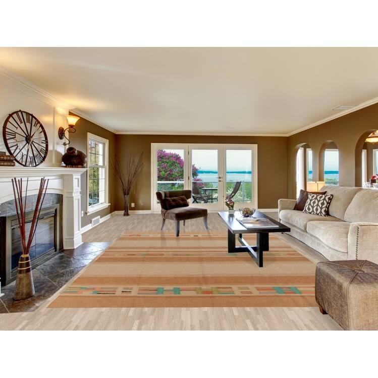 Hand Woven Oriental 100% Jute Carpet Modern Stripe Multi-Colored Kilim Area Rug - 12' 0'' X 8' 10''