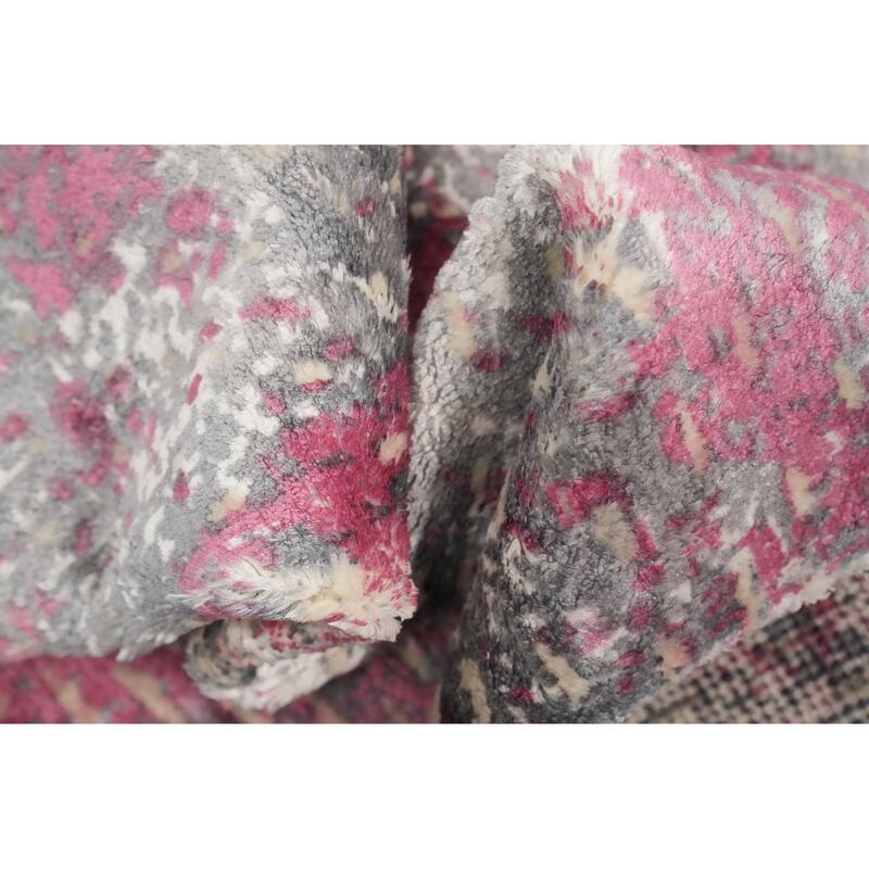 Hand Knotted Oriental Viscose Silk Carpet Modern All-Over Pink Abstract Area Rug - 3' 0'' X 2' 0''