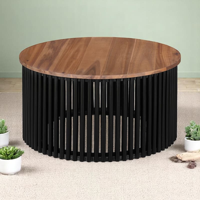 2-Piece Acacia Wood Coffee Table and Side Table Set, Round Tables with Solid Wood Base,End tables,Rustic Living Room Furniture