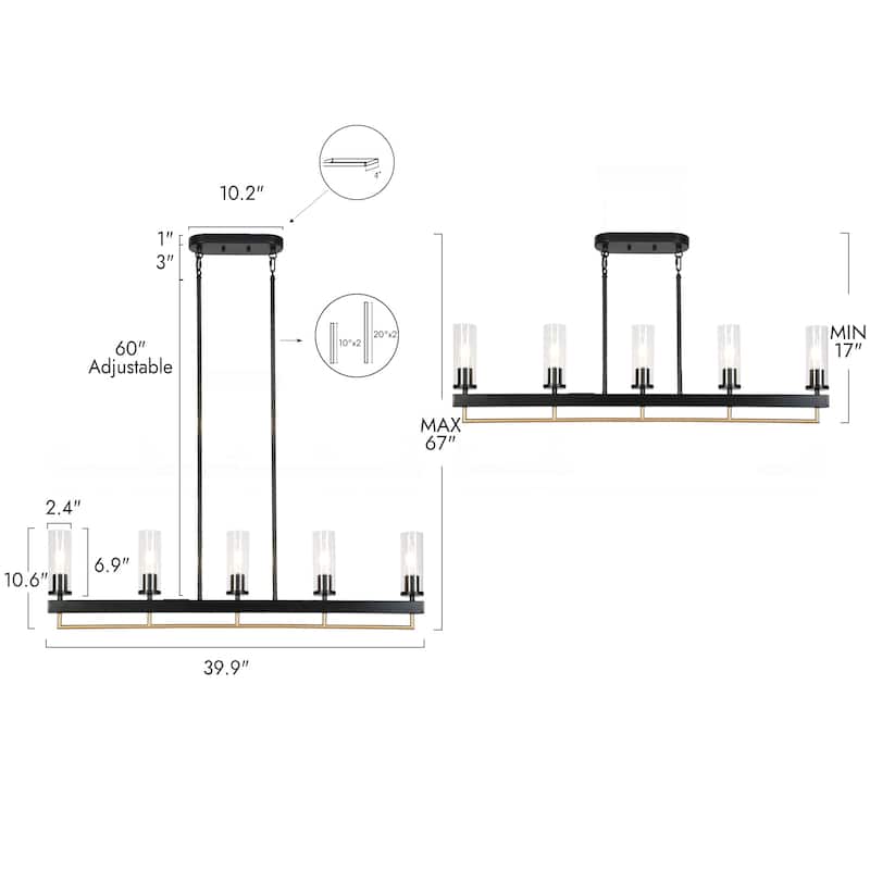 Modern Industrial 5-Light Chandelier Black Gold Kitchen Island Light Fixture with Clear Glass for Dining Room