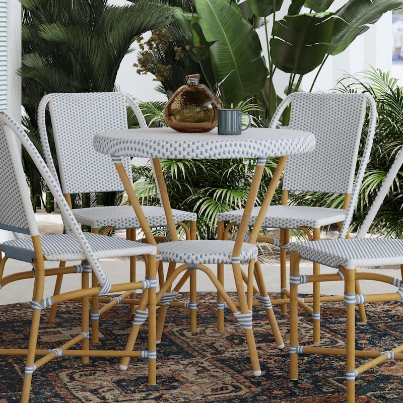 Tobias Outdoor Rattan and Metal Round Bistro Table - Blue/White