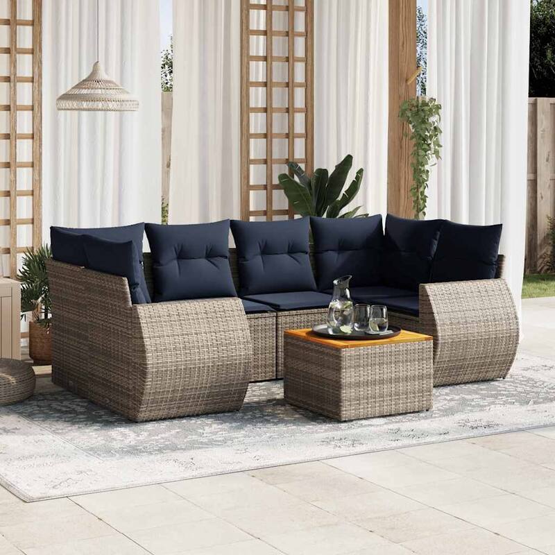 vidaXL 7 Piece Patio Sofa Set with Cushions Gray Poly Rattan - 92.1x33.5x52