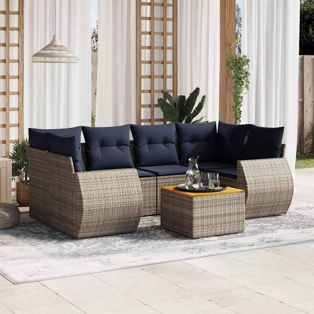 vidaXL 7 Piece Patio Sofa Set with Cushions Gray Poly Rattan - 92.1x33.5x52