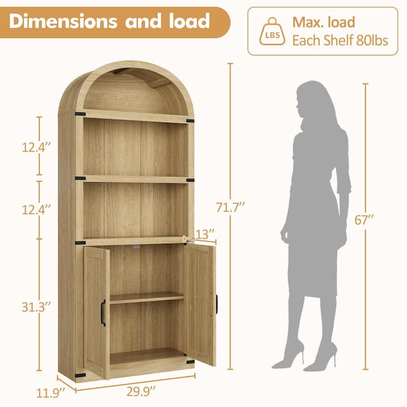71.7" Tall Arched Bookshelf, 5-Tier Arched Display Cabinet with Storage Shelves