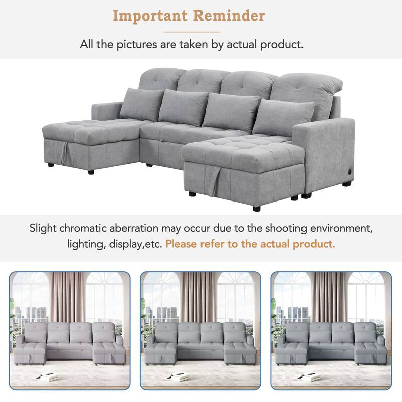 Classic U Shaped Sectional Sofa with Chenille Upholstery and Pull Out Bed and Storage Chaise for Guest Ready Living Rooms