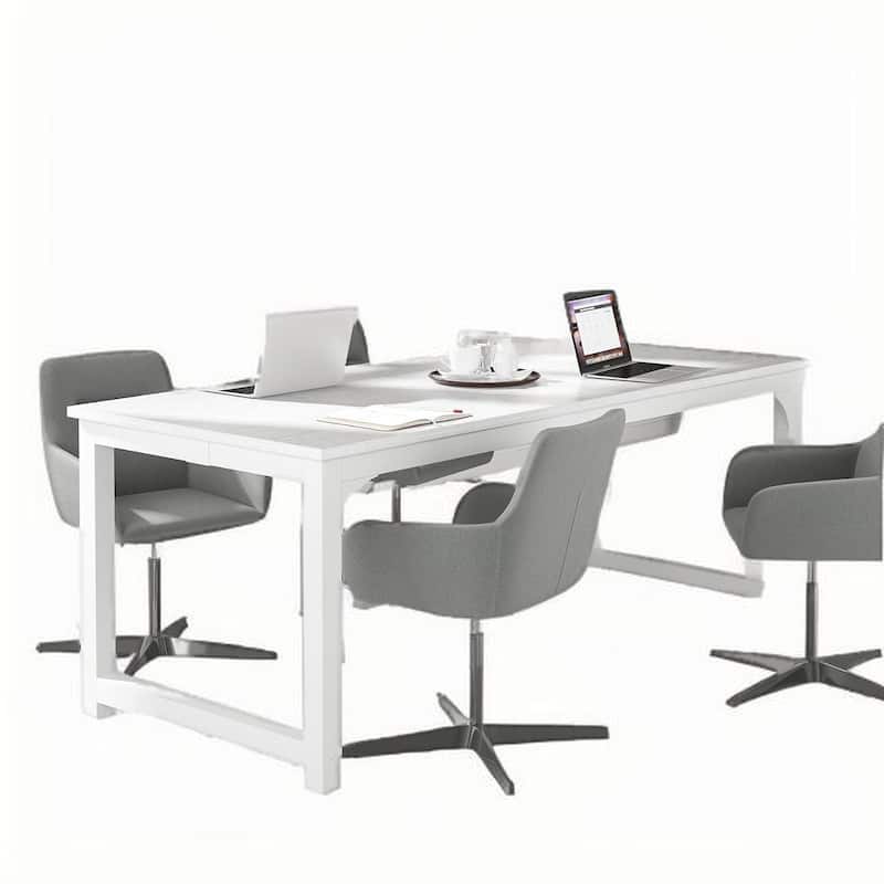 Modern Executive Desk with Wood-Grain Top, White Accents & Metal Frame Spacious Computer & Office Workstation