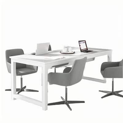 Modern Executive Desk with Wood-Grain Top, White Accents & Metal Frame Spacious Computer & Office Workstation
