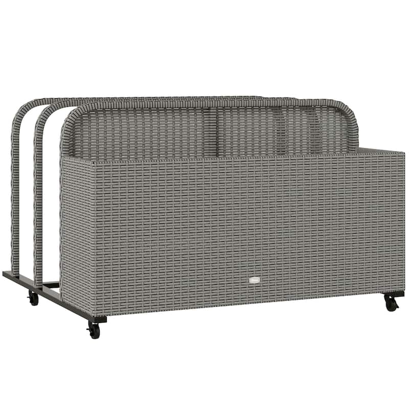 Wicker Pool Float Storage Organizer, PE Rattan Outdoor Pool Float Holder with Rolling Wheels & Storage Rack, Mixed Gray