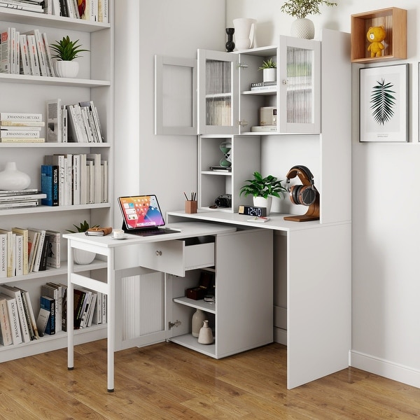 Modern Home Office Computer Desk with Rotating Desktop, Glass Door