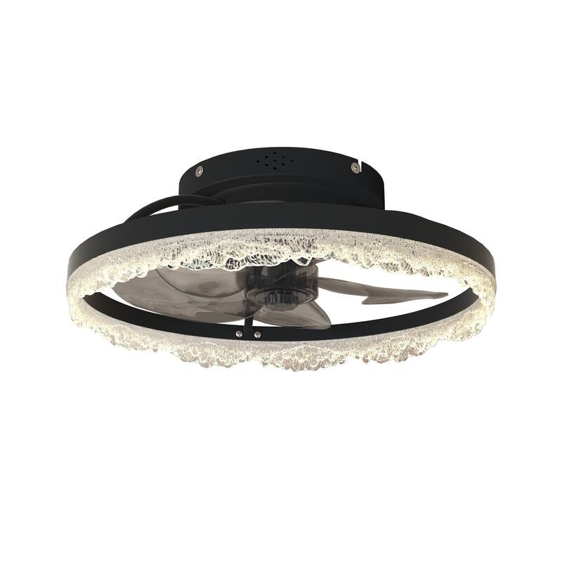 16" Decorative LED Ceiling Fan Light - Modern Flush Mount with Crystal-Inspired Acrylic Ring, Hidden Blades, Remote Control