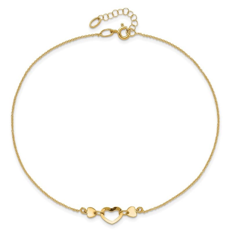 Curata Women's 14k Yellow Gold Polished Heart Anklet - 10 Inch