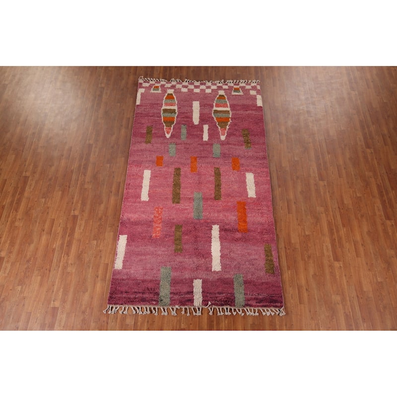 Plush Moroccan Style Area Rug Hand-Knotted Oriental Pink Wool Carpet - 5'8" x 10'1"