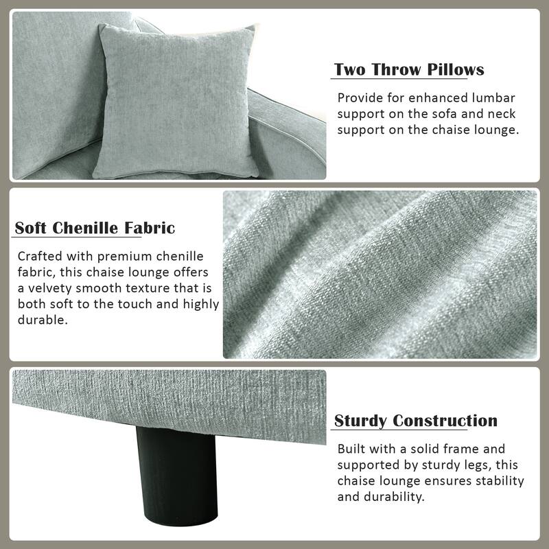 55" Misty Green Chenille Chaise Lounge Sofa Bed with Tufted Seat and Detachable Pillows