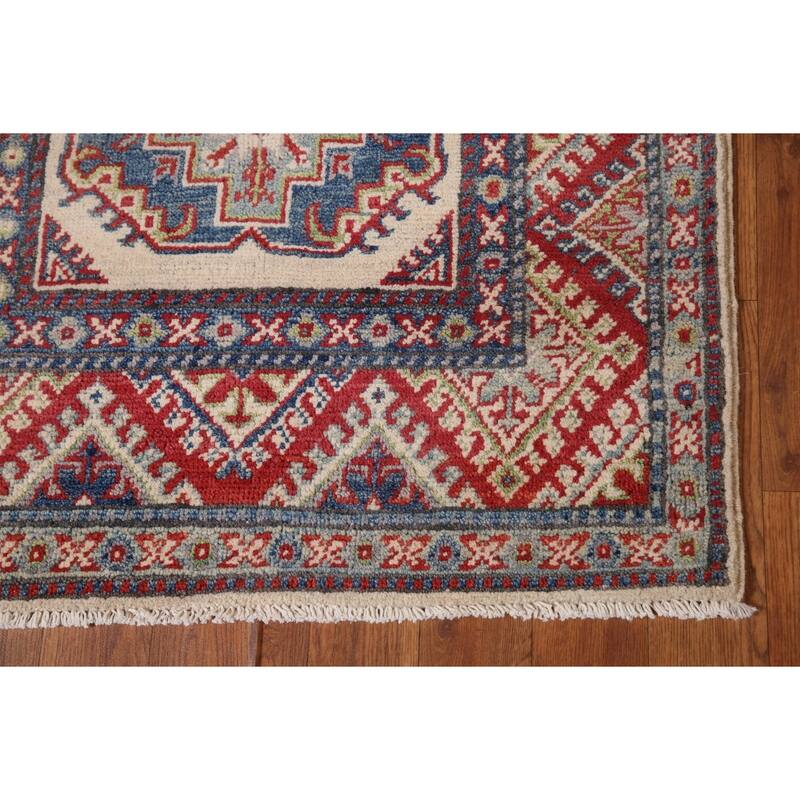 Geometric Kazak Runner Rug Handmade Beige Oriental Wool Carpet - 2'7" x 15'5"