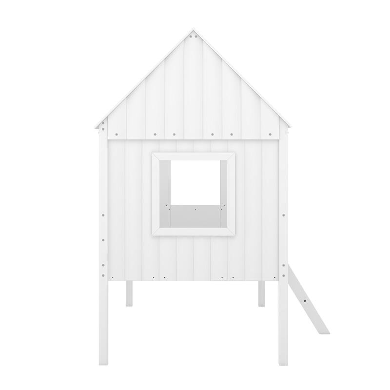 Twin Size Low Loft Bed House Bed with Roof, Side Windows, Ladder and Safety Guardrail, Playhouse Bed with Wood Frame for Kids