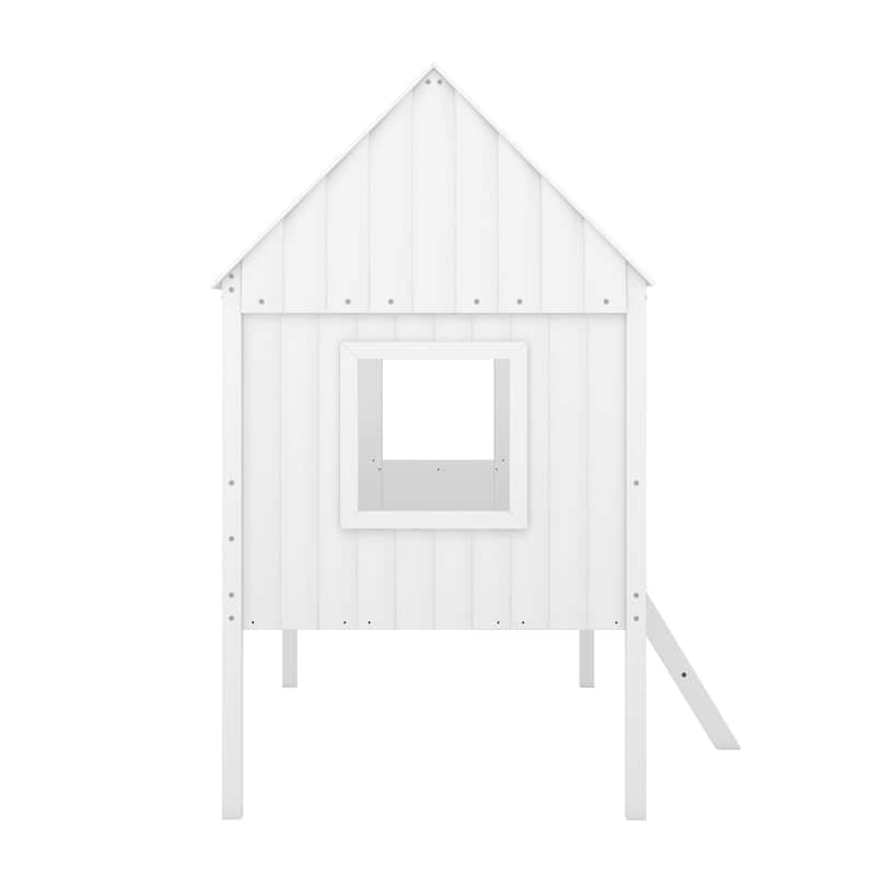 Twin Size Low Loft Wood House bed with Two Side Windows (White)