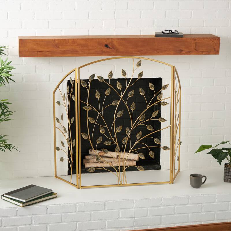 Gold Metal Foldable 3 Panel Leaf Living Room Fireplace Screen