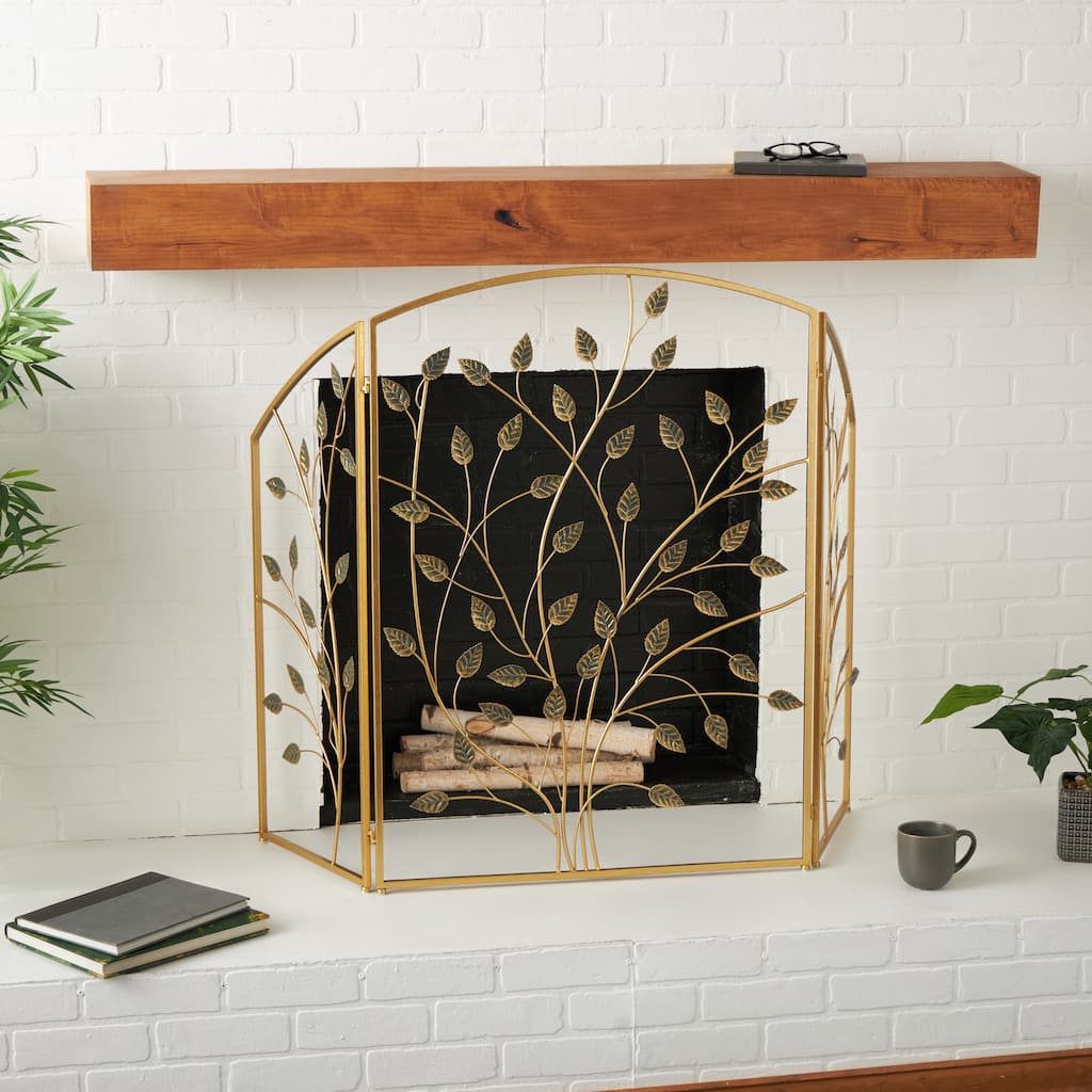 Gold Metal Foldable 3 Panel Leaf Living Room Fireplace Screen