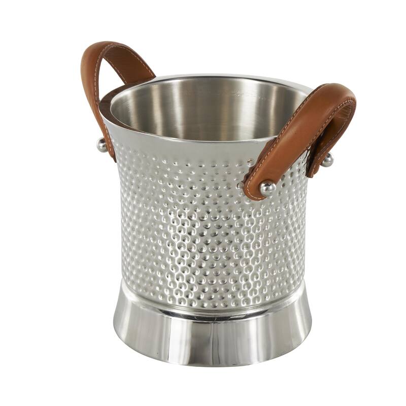 Stainless Steel Metal Hammered Ice Bucket with Brown Leather Handles - Silver - Roche River Decor - 9"W x 12"L x 11"H
