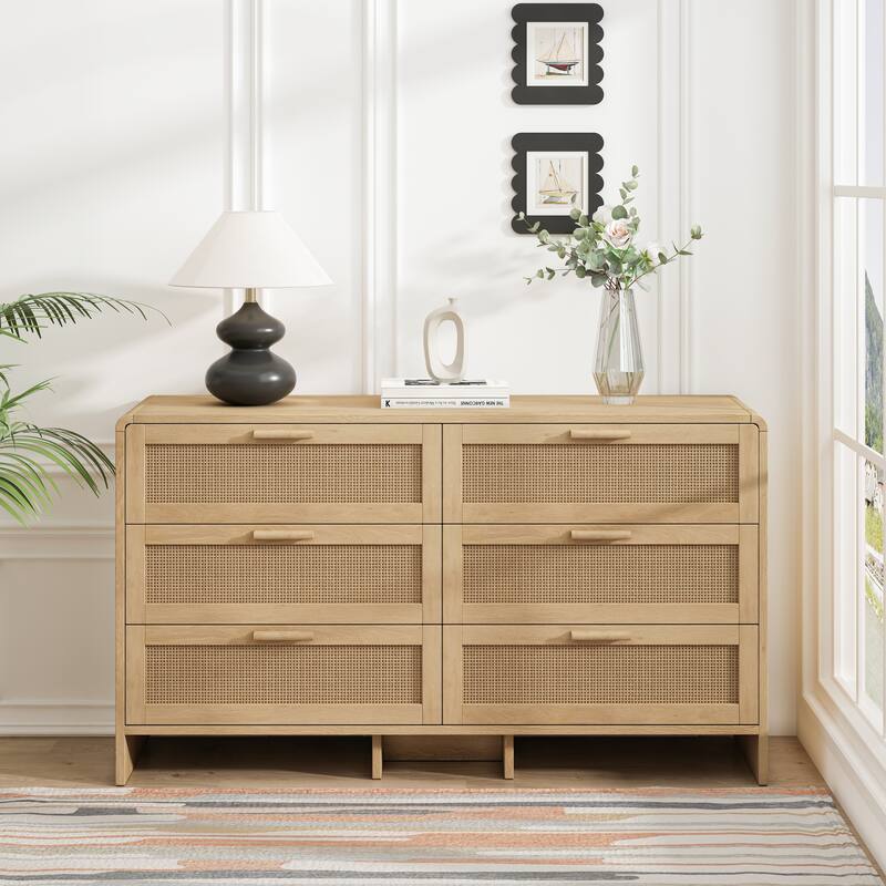 6 Drawer Double Dresser for Bedroom / Arc Shaped Corner Rattan Dresser Cabinet / Boho Chest of Drawers