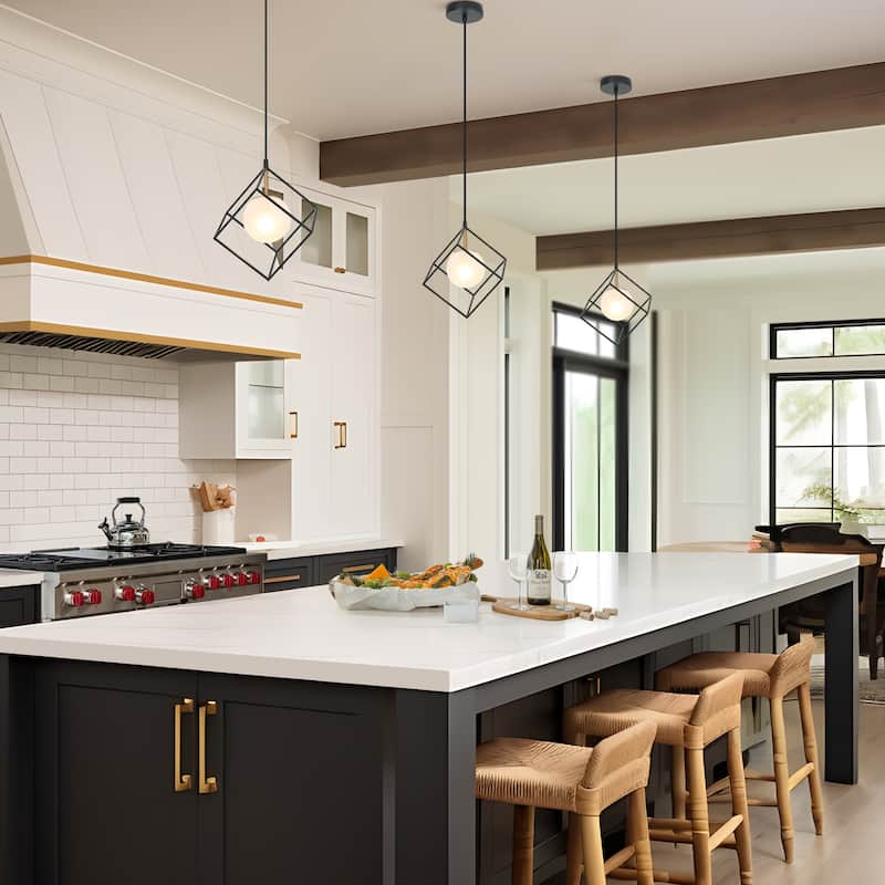 Ottilie Modern Black Gold 1-Light Cage Kitchen Island Pendant Lights with Frosted Glass - L 11" x W 11" x H 14.5"