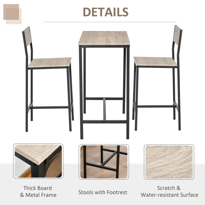 3 Piece Bar Table and Chairs, Industrial Dining Table Set for 2, Counter Height Kitchen Table - Natural