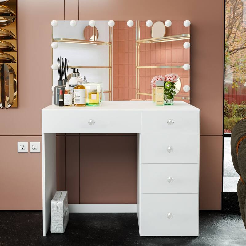 Boahaus Saranya Dressing Table, Light Bulbs, White - Crystal-Ball-Knobs