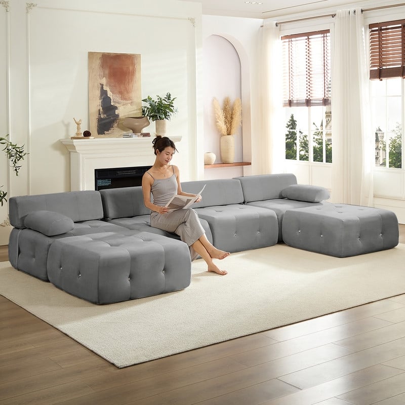 Mixoy Modular 134inch Modular Sectional Sofa with 2 Ottoman,Velvet U-Shaped Couch for Living Room - 133.9"w x 66.9"D x 24.8"H