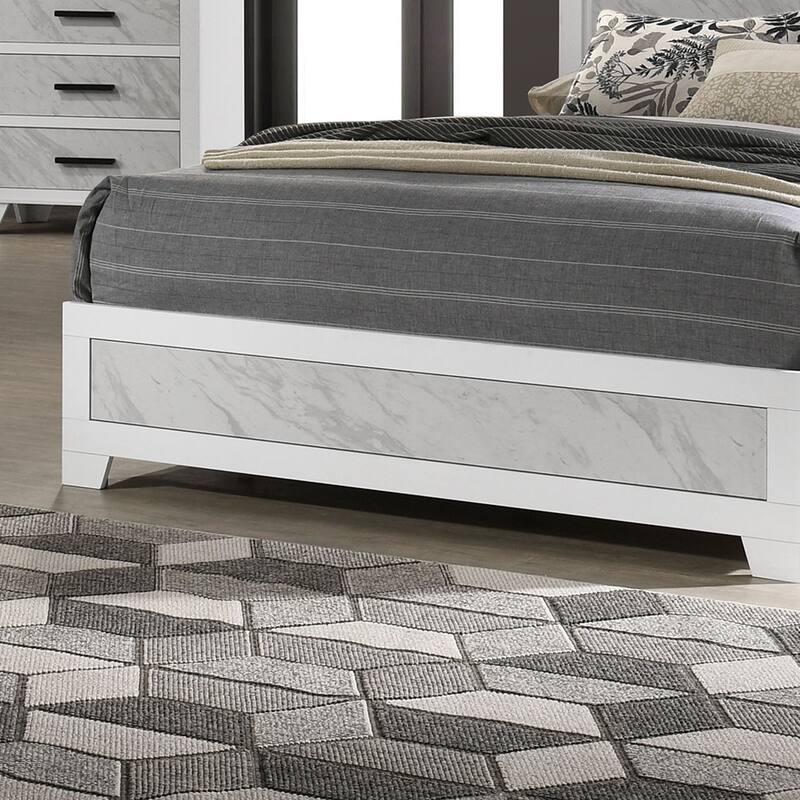 Contemporary White Full Size Bed with Faux Marble Headboard, Rubberwood Furniture