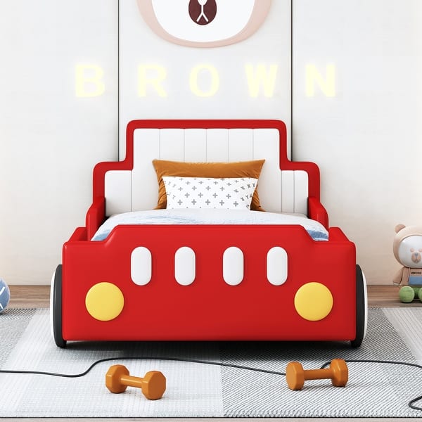 slide 2 of 10, Twin Size Kids Car Bed Creativity Wood Platform Bed Frame Cool Red Race Car-Shaped Bed with Guardrail and Headboard for Child Red - Twin