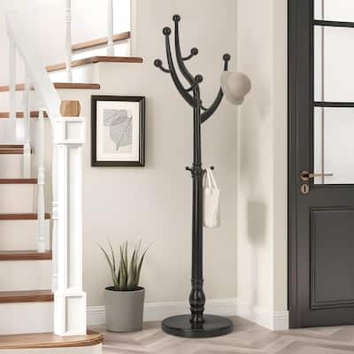 Rubberwood Coat Rack Freestanding, Entryway Coat Tree with Hooks - 74"H x 16.5"Dia