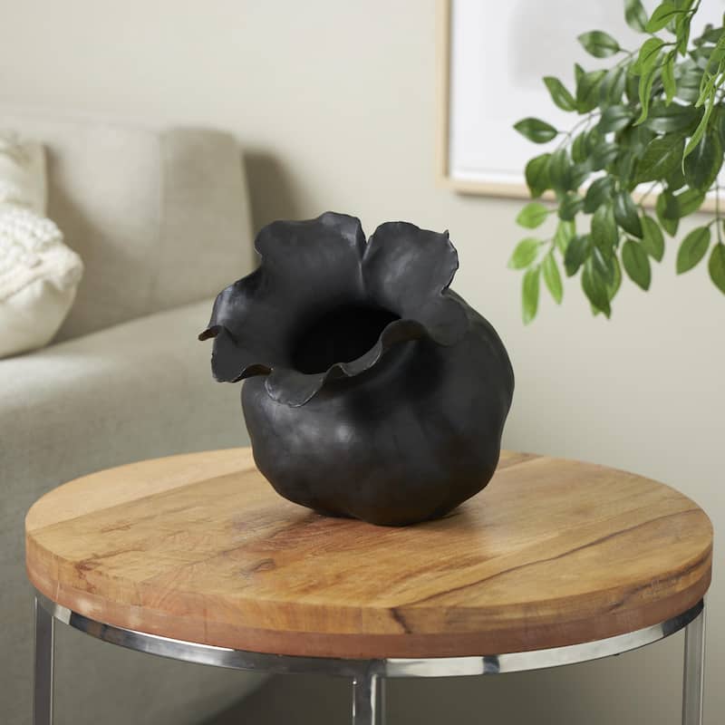Ceramic Abstract Wide Rounded Floral Shaped Vase with Petal Rim - White or Black - Roche River Decor