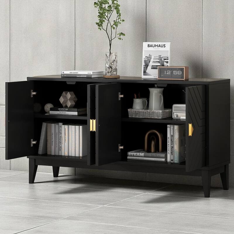 60" 4-Door Sideboard Buffet Cabinet with Adjustable Shelves, Gold Handles & Cable Holes, Wood Storage Console