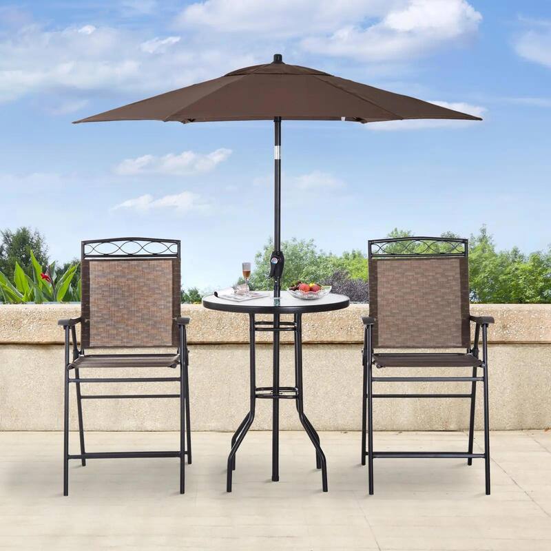 4PCS Patio Dining Set, Folding Chairs, Umbrella, Glass Table Outdoor - Brown
